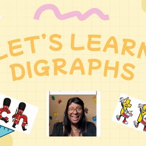 May include: An educational graphic titled LET'S LEARN DIGRAPHS featuring cartoon illustrations of ph, ng, sh, ch, and th. Includes a ruler, an eraser, a blue triangle, and a central photograph of a person with dark hair and glasses smiling.