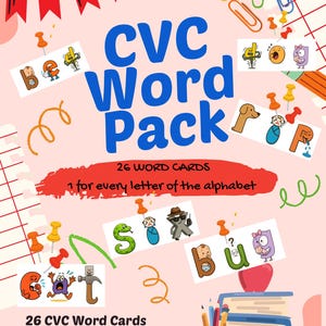 以下が含まれることがあります： アルファベットの各文字に対応した26枚の単語カードを含むCVC Word Pack学習セット。デザインには、文字、画鋲、ペーパークリップ、本の山、そしてCVC Word Packというテキストのカラフルなイラストが含まれています。