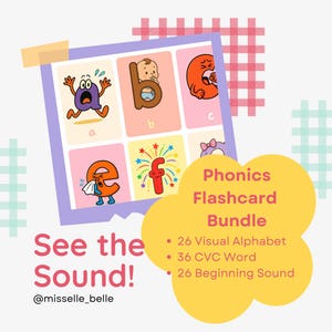 Puede incluir: Un conjunto de tarjetas didácticas de fonética coloridas con ilustraciones de dibujos animados de letras e imágenes correspondientes. Las tarjetas están etiquetadas con las letras a, b, c, e y f. El texto de la imagen dice "See the Sound!" y "Phonics Flashcard Bundle".