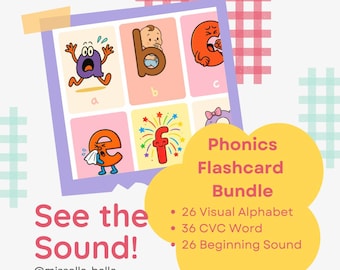 May include: A set of colorful phonics flashcards with cartoon illustrations of letters and corresponding images. The cards are labeled with letters a, b, c, e, and f. Text on the image reads "See the Sound!" and "Phonics Flashcard Bundle."