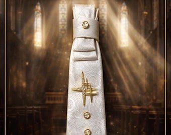 La Autoridad del Pastor / Corbata Blanca con Broche de Cruz Dorada / Corbata Pastoral / Ropa de Iglesia / Corbata de Lujo para Hombre