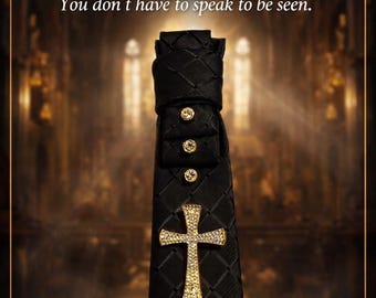 Ordained Presence | Custom Black Statement Tie with Gold Cross | Church Tie | Deacon Gift | Pastor Tie | Religious Formal Wear