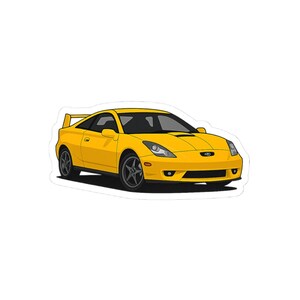 May include: A yellow sports car sticker with black wheels and a spoiler. The car has a sleek design with a black windshield and a yellow body. The sticker is die-cut and ready to apply.