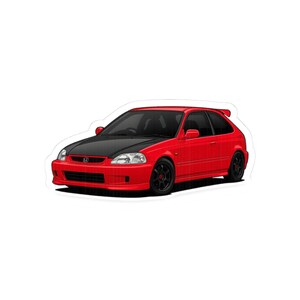 May include: A sticker of a red Honda Civic with a black hood and black wheels. The car has a spoiler and is set against a white background. The car is a two-door hatchback.