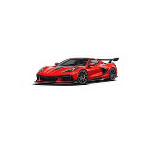 May include: A red sports car sticker with black accents. The car has a sleek design, black wheels, and a rear spoiler. The sticker is a stylized illustration of a modern sports car.