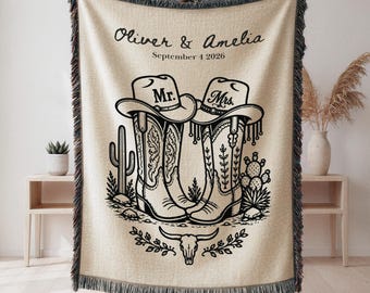 Western Gewebte Hochzeit Decke Benutzerdefinierte mit Namen Und Datum Cowboy Herr und Frau werfen rustikale Brautdusche Geschenk personalisierte Paar Geschenk