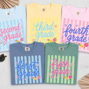 May include: Five brightly coloured t-shirts, each with a different grade level design. The shirts are light blue, yellow, pink, blue, and green. Each shirt features a grade level, a pencil, and an apple. The text on the shirts reads: "second grade", "third grade", "fourth grade", "first grade", and "fifth grade".