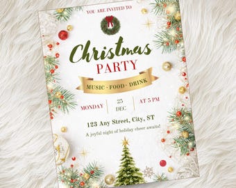 May include: A Christmas Party invitation with a festive design. The invitation features a green wreath, Christmas tree, and gold and red ornaments. Text includes "Christmas Party" and event details.