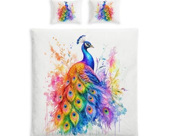 Set di biancheria da letto in cotone con copripiumino e pavone ad acquerello / Biancheria da letto con uccelli colorati