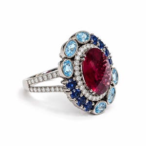 Puede incluir: Un anillo de tono plateado con una gran piedra central de color rojo intenso y corte ovalado, rodeada por un halo de pequeños diamantes blancos y un borde exterior de piedras azul claro ovaladas y azul oscuro redondas en una banda dividida.
