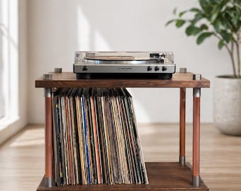 Industrial Pipe Vinyl Record Player Stand in Solid Oak and Real Copper – Handmade Turntable Stand with Record Storage