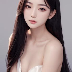May include: A digital illustration of a person with long, dark hair and fair skin. The person is wearing a white, strapless dress. The background is a solid, light gray color. The person has a soft, gentle expression.
