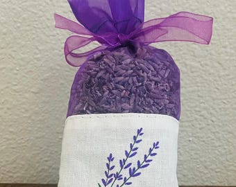 Dried English Lavender buds in a  delicate organza and embroidered linen sachet