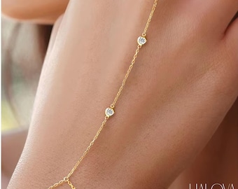 Sterling Silver Finger Bracelet, Zircon Ring Chain, Dainty Hand Jewelry