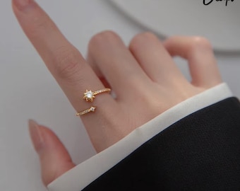 925 Sterling Silver Star Ring, Adjustable Zircon Celestial Jewelry