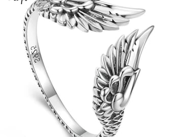 Sterling Silver Wings Open Ring – Vintage Hip Hop Punk Statement Couple Ring