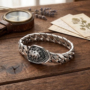 Pulsera cubana de plata de ley con cabeza de león para hombre, joyería llamativa de estilo punk rock.
