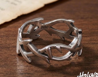 925 Sterling Silver Gothic Thorn Ring, Adjustable Punk Band, Alternative Jewelry