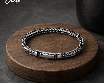 Sterling Silver Braided Bracelet, Men's Chunky Chain Clasp Jewelry