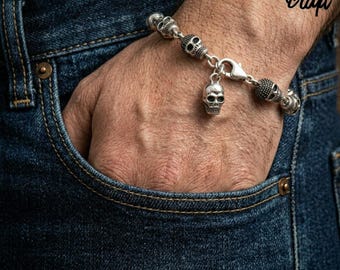 Sterling Silver Skull Pave Link Chain Bracelet, Punk Gothic Biker Jewelry