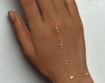 Evil Eye Hand Chain Bracelet, Blue Zircon, 925 Sterling Silver Finger Jewelry