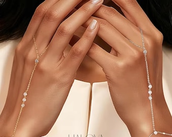 Sterling Silver Hand Chain Ring, Dainty Zircon Bracelet