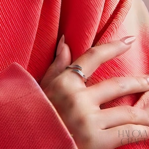 Puede incluir: Un anillo plateado con un diseño de manos abrazándose. El anillo está en un dedo, sobre un fondo rojo. El diseño del anillo presenta dos manos abrazándose. La imagen también incluye el texto "HALOVA CRAFT".