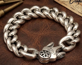 Sterling Silver Cherry Blossom Cuban Bracelet, Retro Punk Jewelry for Men