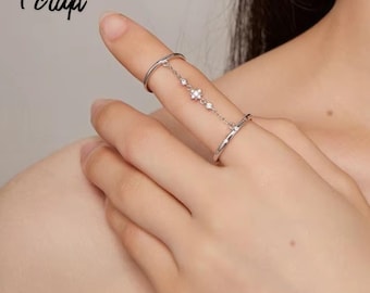 925 Sterling Silver Double Circle Chain Ring, Adjustable Open Band Jewelry