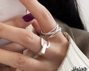 925 Sterling Silver Crossed Lines Ring, Irregular Geometric Statement Jewelry, Minimalist Adjustable Band