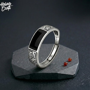925 sterlingzilveren ring met zwarte stenen, minimalistische verstelbare band, uniseks hypoallergene sieraden