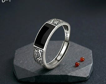 925 Sterling Silver Black Stone Ring, Minimalist Adjustable Band, Unisex Hypoallergenic Jewelry