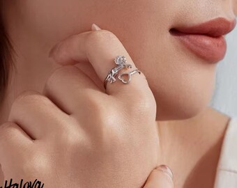 925 Sterling Silver Horse Heart Ring, Adjustable Equestrian Statement Jewelry