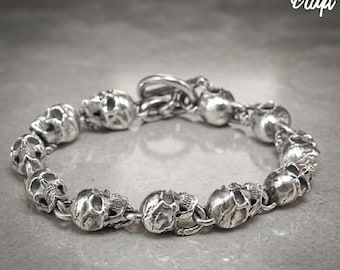 S925 Sterling Silver Handmade Skull Bracelet, Vintage Biker Punk Jewelry
