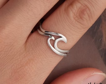 Sterling Silver Double Layer Wavy Ring, Minimalist V Shape Band, Stackable Jewelry