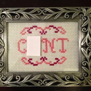 Puede incluir: Un marco plateado con un diseño ornamental de hojas y volutas, que contiene un punto de cruz con las letras "GNT" en hilo rosa, parcialmente oscurecido por un rectángulo blanco.