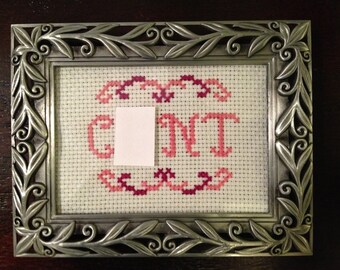 May include: A framed cross-stitch with the letters "GNT" in pink thread, partially obscured by a white rectangle. The frame is silver-colored with an ornate leaf and scroll design.