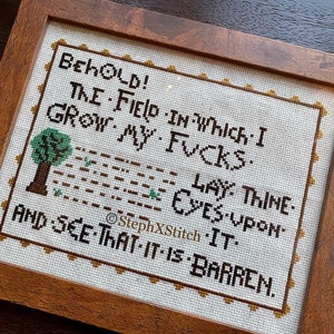 PATTERN MATURE Behold the Field in Which I Grow My F-ucks Tapestry Meme Cross Stitch image 2