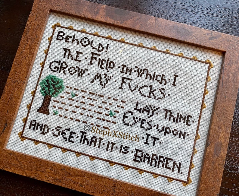 PATTERN MATURE Behold the Field in Which I Grow My F-ucks Tapestry Meme Cross Stitch image 2