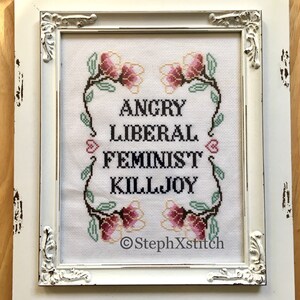 May include: White framed cross-stitch with pink flowers and the text "Angry Liberal Feminist Killjoy" and the signature "StephXstitch".