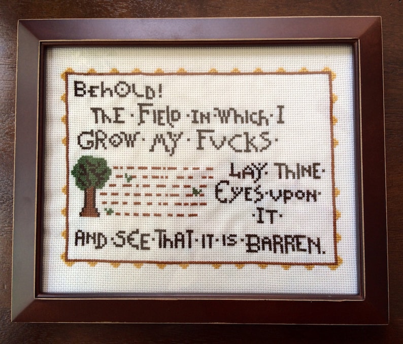 PATTERN MATURE Behold the Field in Which I Grow My F-ucks Tapestry Meme Cross Stitch image 6