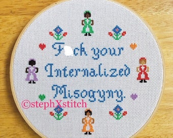 MATURE PATTERN Subversive Feminist Cross Stitch F-ck Your Internalized Misogyny Folk Art Woman Flower Heart Instant Download PDF