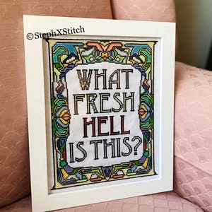 PATTERN What Fresh Hell Is This Dorothy Parker Quote Stained Glass Art Nouveau Cross Stitch Instant Download DIY PDF image 5