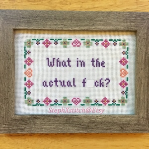 May include: A framed cross-stitch with a floral border and the text "What in the actual f*ck?" in purple lettering. The cross-stitch is signed "StephXStitch@Etsy".