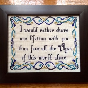 May include: A framed cross-stitch piece in a black frame. The text reads, "I would rather share one lifetime with you than face all the Ages of this world alone." The design features blue and gold decorative borders.