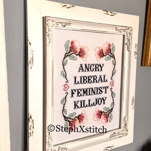 May include: White framed cross-stitch embroidery with pink flowers and the text "Angry Liberal Feminist Killjoy" and the copyright symbol and "StephXStitch".