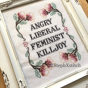 May include: A white framed cross-stitch with a floral design and the text "Angry Liberal Feminist Killjoy" and the copyright symbol and "StephXStitch".
