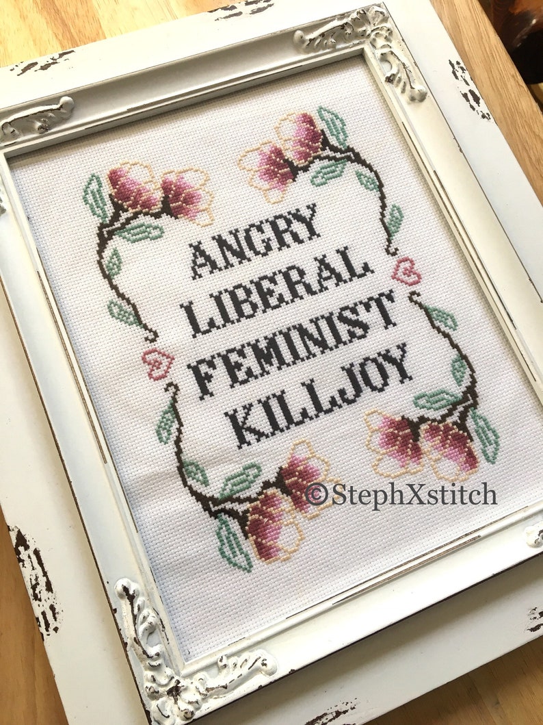 May include: A white framed cross-stitch with a floral design and the text "Angry Liberal Feminist Killjoy" and the copyright symbol and "StephXStitch".