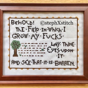 PATTERN MATURE Behold the Field in Which I Grow My F-ucks Tapestry Meme Cross Stitch image 1