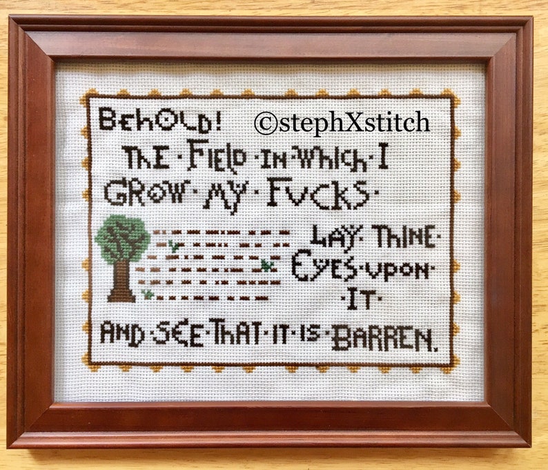 PATTERN MATURE Behold the Field in Which I Grow My F-ucks Tapestry Meme Cross Stitch image 1